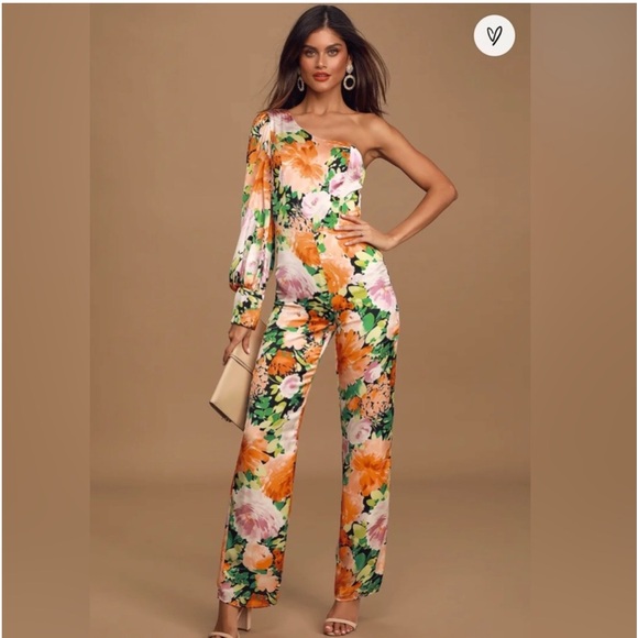 Lovin' It Orange Multi Floral Print Satin One-Shoulder Jumpsuit - Picture 1 of 3
